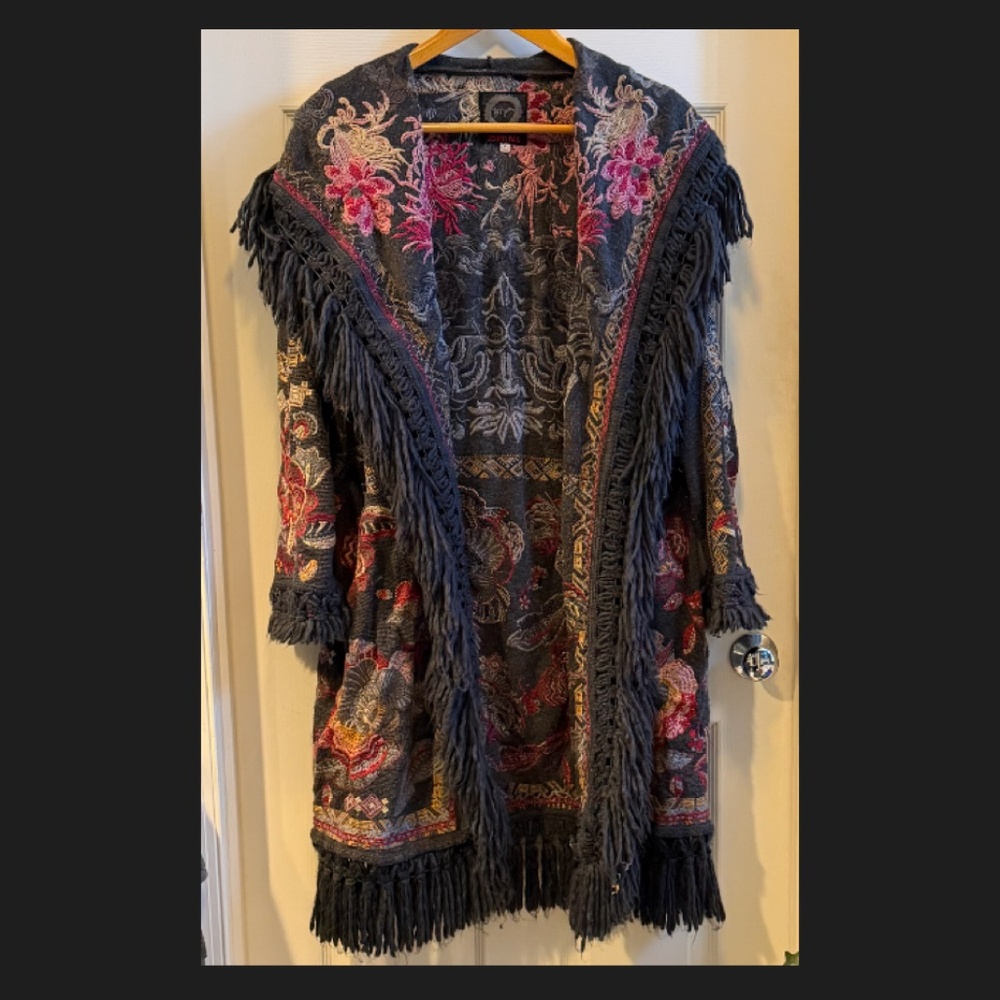 Boho Chic Johnny Was Hooded Fringed OMBRISA Duster